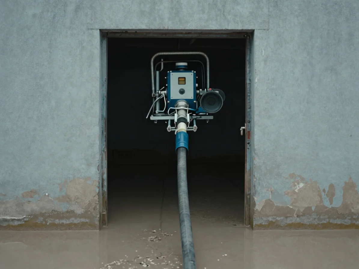 Documentary close-up of a truck-mounted water extraction unit hos