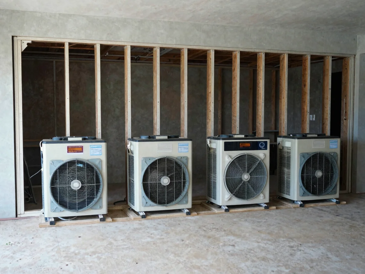 Wide environmental view of air movers and dehumidifiers set up in