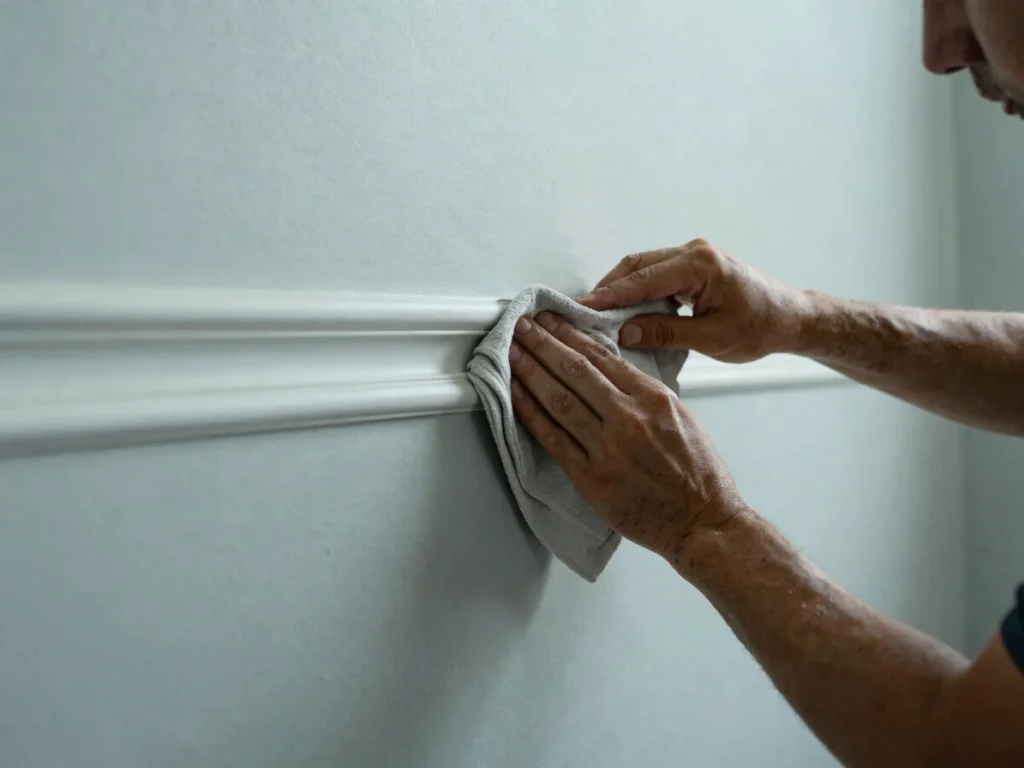 Close-up of a technician wiping and treating a cleaned baseboard