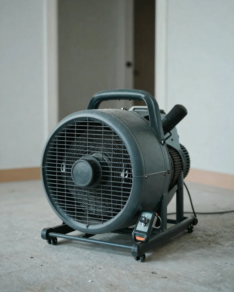 Documentary close-up of a commercial air mover and moisture meter